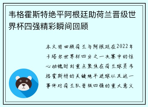 韦格霍斯特绝平阿根廷助荷兰晋级世界杯四强精彩瞬间回顾